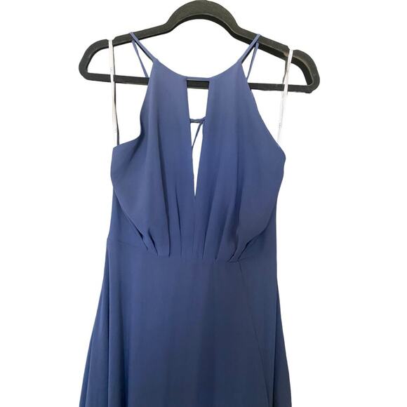 Lulus Aim for Amour Navy Blue Halter Neck Chiffon Maxi Slit Women's Dress M - Picture 11 of 12